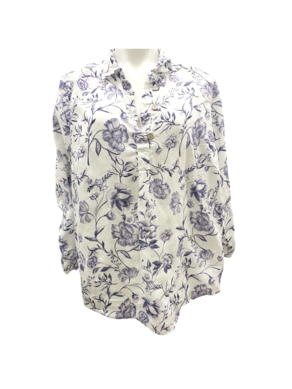 Cynthia Rowley 100% Linen Tunic Women 1X Violet Floral Button Down Boho Resort